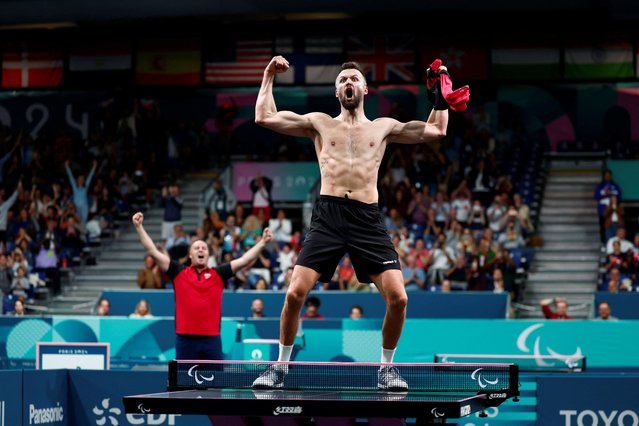 Patryk Chojnowski of Poland celebrates after winning gold against Lian Hao of China  in the men's table tennis at the Paris Olympics on September 4, 2024. (Photo by Gonzalo Fuentes/Reuters)