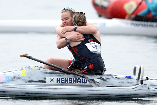 Gold Medalist, Charlotte Henshaw of Team Great Britain and silver medalist, Hope Gordon of Team Great Britain celebrate the following Women's Va'a Single 200m - VL3 Final A on day ten of the Paris 2024 Summer Paralympic Games at Vaires-Sur-Marne Nautical Stadium on September 07, 2024 in Paris, France. (Photo by Steph Chambers/Getty Images)