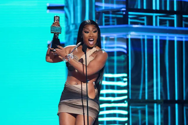 American rapper Megan Thee Stallion reacts after winning the Top Rap Female Artist award during the 2022 Billboard Music Awards at MGM Grand Garden Arena in Las Vegas, Nevada, U.S. May 15, 2022. (Photo by Mario Anzuoni/Reuters)
