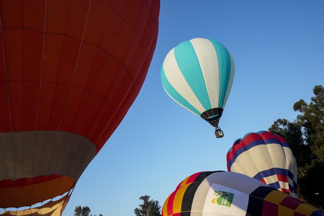 A hot air balloon lifts-off during the first edition of the Cumbres Balloon Festival 2022 at El Trapiche Park in Penaflor, on the outskirts of Santiago, Chile, Saturday, February 5, 2022. (Photo by Esteban Felix/AP Photo)