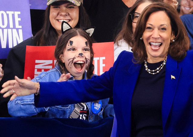 A girl reacts as Democratic presidential nominee U.S. Vice President Kamala Harris holds a campaign rally in North Las Vegas, Nevada, U.S., October 31, 2024. (Photo by David Swanson/Reuters)