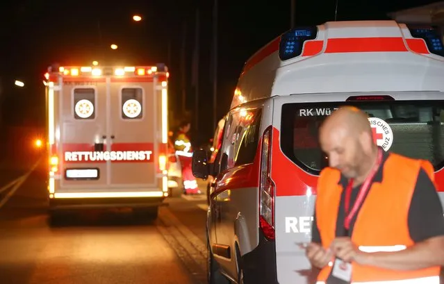 Emergency vehicles at a road block in Wuerzburg, Germany, 18 July 2016. (Photo by Karl-Josef Hildenbrand/EPA)