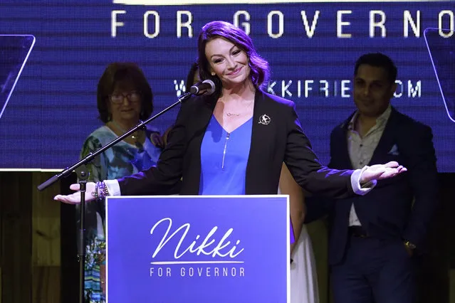 Democratic gubernatorial candidate Nikki Fried gestures after conceding the race to Rep. Charlie Crist, D-Fla., Tuesday, August 23, 2022, in Fort Lauderdale, Fla. Crist will face incumbent Republican Gov. Ron DeSantis in November. (Photo by Marta Lavandier/AP Photo)