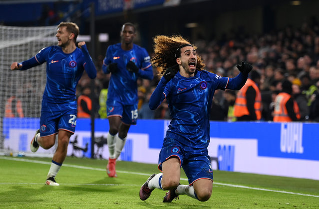 Marc Cucurella of Chelsea celebrates scoring his team's second goal during the Premier League match between Chelsea FC and Wolverhampton Wanderers FC at Stamford Bridge on January 20, 2025 in London, England. (Photo by Mike Hewitt/Getty Images)