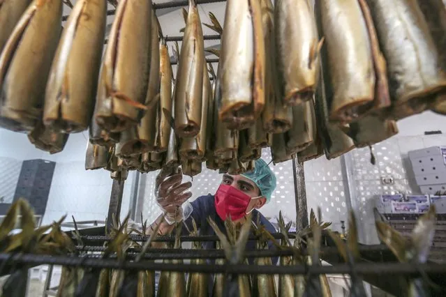 A Palestinian man prepares smoked mackerels before selling them during the Muslim fasting month of Ramadan in the southern Gaza Strip city of Rafah, on May 13, 2020. (Photo by Said Khatib/AFP Photo)