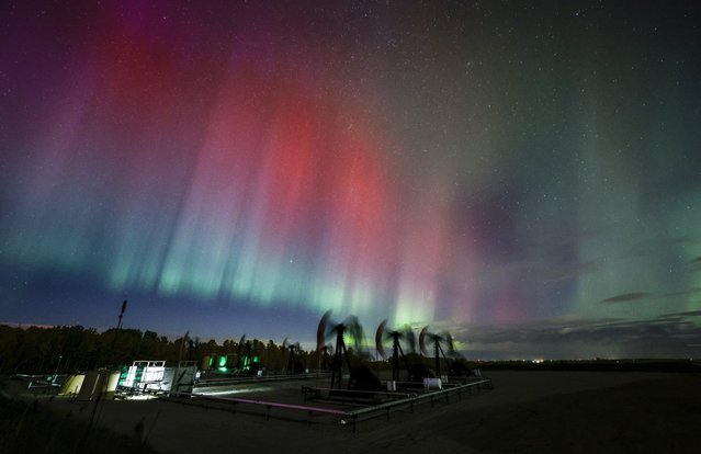 An aurora borealis, also known as the northern lights, makes an appearance over pumpjacks as they draw out oil and gas from well heads near Cremona, Alberta, Thursday, October 10, 2024. (Photo by Jeff McIntosh/The Canadian Press via AP Photo)