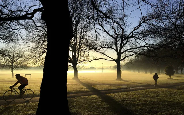Commuters make their way through a mist covered Hagley Park in central Christchurch, New Zealand, Monday, June 26, 2017. Residents of New Zealand's South Island woke to temperatures as low as minus four degrees celsius (28 degrees fahrenheit) for the start to their working week. (Photo by Mark Baker/AP Photo)