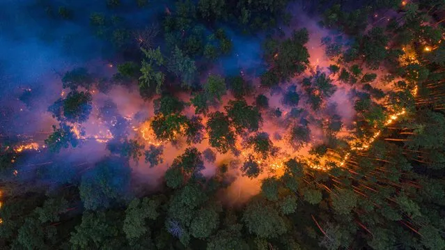 An aerial view shows a forest fire in Krasnoyarsk Region, Russia on July 17, 2020. Sweltering heat and dry weather have helped wildfires spread across Siberia and into the boreal forest and tundra that blanket northern Russia. (Photo by Julia Petrenko/Greenpeace/Handout via Reuters)