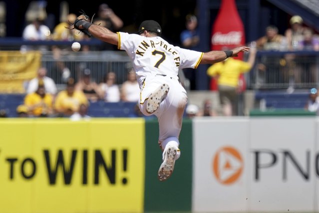 Pittsburgh Pirates shortstop Isiah Kiner-Falefa knocks down a ball hit by Miami Marlins' Eric Wagaman before fielding it to make the out at first during the eighth inning of a baseball game Wednesday, June 11, 2025, in Pittsburgh. (Photo by Matt Freed/AP Photo)