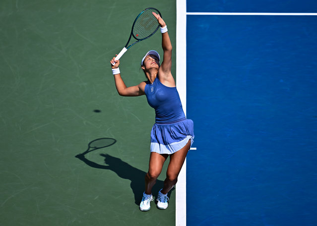 Emma Raducanu of the United Kingdom serves against Elena-Gabriela Ruse of Romania during their first round match on Day Two of the WTA 1000 National Bank Open at IGA Stadium on July 28, 2025 in Montreal, Quebec, Canada. (Photo by Minas Panagiotakis/Getty Images)