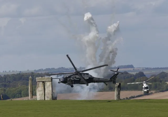 Explosive scenes for “Transformers: Last Knight” at the 4 thousand year old Stonehenge in Wiltshire, England on September 30th, 2016. The making of the latest Transformers film has been beset by controversy after they turned Blenheim Palace into a Nazi themed home base. (Photo by FameFlynet UK)