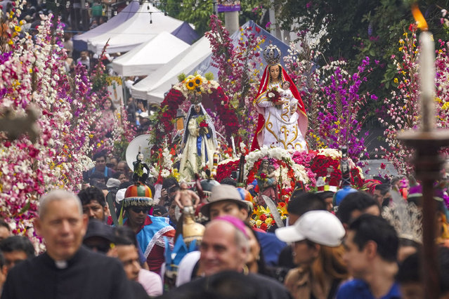 Faithful carry statues of the Virgin Mary during the 42nd edition of the Flowers and Palm Festival in Panchimalco, 20 km south of San Salvador, on May 5, 2024. (Photo by Camilo Freedman/AFP Photo)