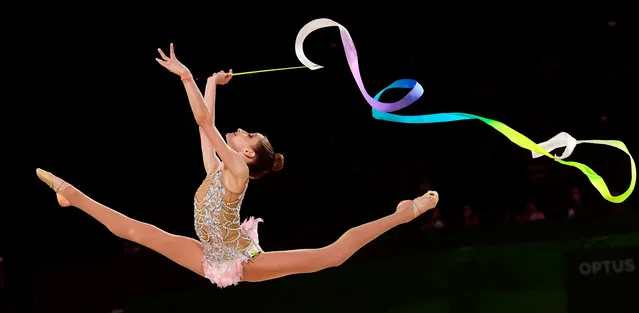 Viktoria Skittidi of Cyprus performs with the ribbon during the women' s rhythmic gymnastics team final in the 2018 Gold Coast Commonwealth Games at the Coomera Indoor Sports Centre on the Gold Coast on April 11, 2018. (Photo by William West/AFP Photo)