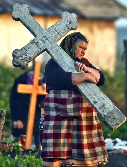 A woman carries a stone cross in a cemetery in the village of Copaciu, southern Romania, on May 2, 2013.  As part of a Holy Week tradition, Romanians visit, on Maundy Thursday, the graves of their loved ones, light fires and share food with community members in memory of the departed. Orthodox worshipers celebrate Easter on May 5. (Photo by Andreea Alexandru/ Mediafax)