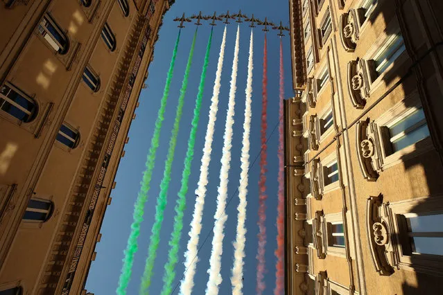Rome marks 74th Festa della Repubblica on 2 June 2020. Italy's celebrate the national day, Festa della Repubblica in 2020 with the events for the 74th edition of Republic Day reduced due to the covid-19 crisis. The Frecce Tricolori, the aerobatic demonstration team of the Italian Air Force, popular aeronautical display featuring fighter jets, fly in formation over the centre of Rome, emitting plumes of the three colours from the Italian flag. (Photo by Giuseppe Pino Fama/Pacific Press/Rex Features/Shutterstock)