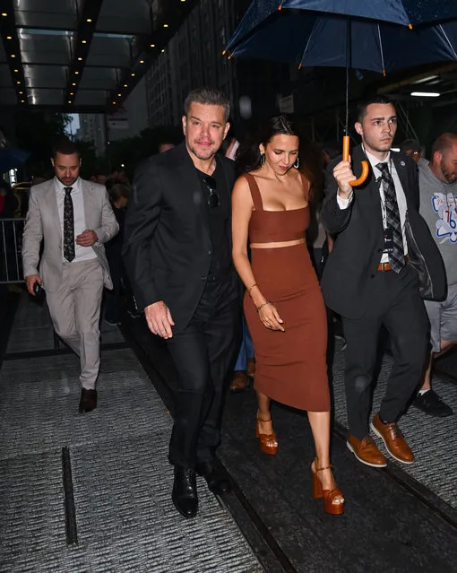 American actor Matt Damon and his wife, bartender  Luciana Barroso leave the Mandarin Oriental New York on June 12, 2023 in New York City. (Photo by James Devaney/GC Images)