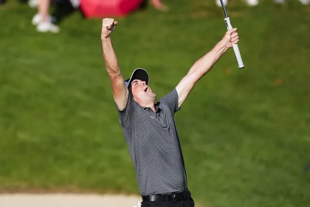Keegan Bradley celebrates winning the Travelers Championship golf tournament at TPC River Highlands, Sunday, June 25, 2023, in Cromwell, Conn. (Photo by Frank Franklin II/AP Photo)