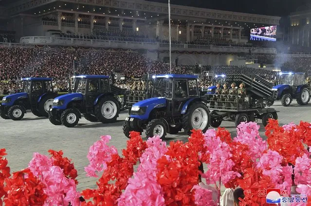 This photo provided Saturday, September 9, 2023, by the North Korean government shows the paramilitary parade, marking North Korea’s 75th founding anniversary at Kim Il Sung Square in Pyongyang, North Korea, Friday, Sept. 8. (Photo by Korean Central News Agency/Korea News Service via AP Photo)