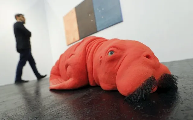 A man walks past “Red Walrus 2011”, made of dental composite resin, whiskers and brown glass eyes by Belgian artist Carsten Hoeller at the price of 90,000 Euros (95,300 US dollars) during the Art Cologne 2015 fair in Cologne April 15, 2015. Some 200 exhibitors from 23 countries are taking part in the 49th Art Cologne from April 16 to April 19, one of the world's leading fairs for progressive, post-war and contemporary art. (Photo by Wolfgang Rattay/Reuters)