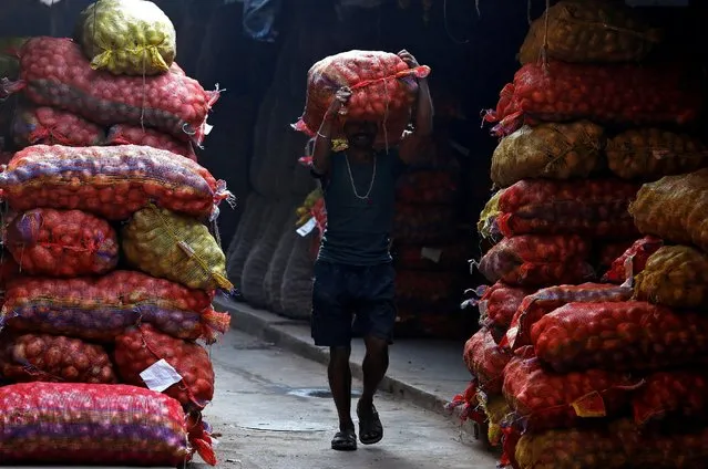 A labourer carries a sack of potatoes at a wholesale market in Kolkata, India January 16, 2017. (Photo by Rupak De Chowdhuri/Reuters)