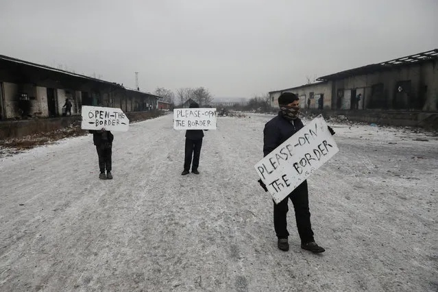 Migrants hold placards during a protest outside a derelict customs warehouse in Belgrade, Serbia, January 25, 2017. (Photo by Marko Djurica/Reuters)