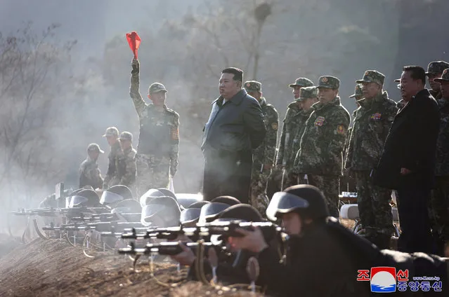 North Korean leader Kim Jong Un inspects field training of troops at a major military operations base in the western region of the country, as he ordered heightened readiness for war, KCNA news agency reported, in North Korea, in this picture released on March 7, 2024 by the Korean Central News Agency. (Photo by KCNA via Reuters)
