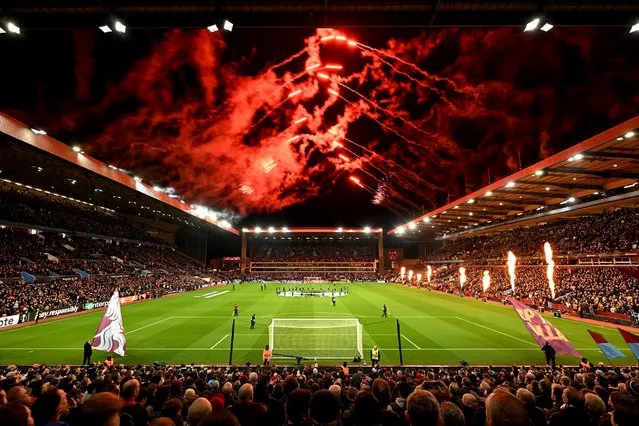 General view inside the stadium as fireworks are displayed ahead of kick off prior to the UEFA Europa Conference League 2023/24 round of 16 second leg match between Aston Villa and AFC Ajax at Villa Park on March 14, 2024 in Birmingham, England. (Photo by Michael Regan/Getty Images)