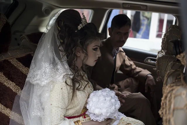 Hussein Zeino Danoon and Shahad Ahmed Abed sit inside a car before driving from the hair salon to the Khazer camp for their wedding near Mosul, Iraq, Thursday, February 16, 2017. A bleak refugee camp in northern Iraq saw a rare outpouring of joy as the two celebrated their wedding less than a month after fleeing the fighting in Mosul. (Photo by Bram Janssen/AP Photo)