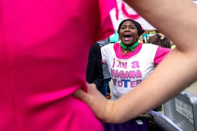 Nadine Seiler, an abortion rights demonstrator, shouts at an anti-abortion demonstrator during a protest in support of reproductive rights and emergency abortion care, on the day the Supreme Court justices hear oral arguments over the legality of Idaho's Republican-backed, near-total abortion ban in medical-emergency situations, in Washington, on April 24, 2024. (Photo by Evelyn Hockstein/Reuters)