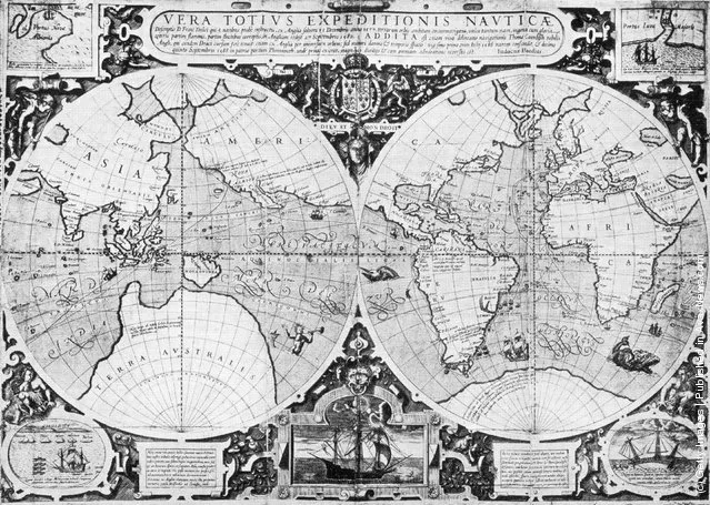 1595, Judocus Hondius' map showing Sir Francis Drake's voyage around the world