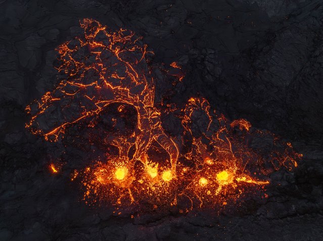 Eruptive fissures spew lava from a volcano in Grindavik, Iceland, Wednesday, May 29, 2024. A volcano in southwestern Iceland erupted Wednesday for the fifth time since December, spewing red lava that once again threatened the coastal town of Grindavik and led to the evacuation of the popular Blue Lagoon geothermal spa. (Photo by Marco di Marco/AP Photo)