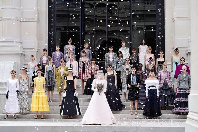 Virginie Viard with models on the runway during the Chanel Couture Haute Couture Fall/Winter 2021/2022 show as part of Paris Fashion Week on July 06, 2021 in Paris, France. (Photo by Kristy Sparow/Getty Images)