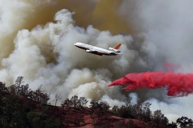 A DC-10 fire tanker dropped fire retardant all afternoon October 24, 2019 on the Kincade Fire, Geyserville in an effort to control the more than 10,000 acre fire spread. (Photo by Neal Waters/ZUMA Wire/Rex Features/Shutterstock)