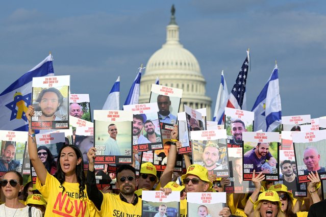 Families of Israeli hostages gather ahead of Israeli Prime Minister Benjamin Netanyahu's address to a joint meeting of Congress, at the National Mall in Washington, U.S., July 23, 2024. (Photo by Craig Hudson/Reuters)