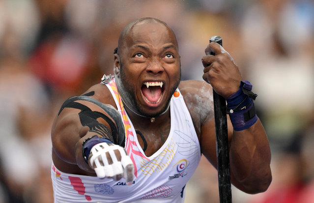 Mauricio Valencia of Team Colombia celebrates moving into first place during the Men's Shot Put - F34 Final on day ten of the Paris 2024 Summer Paralympic Games at Stade de France on September 07, 2024 in Paris, France. (Photo by David Ramos/Getty Images)