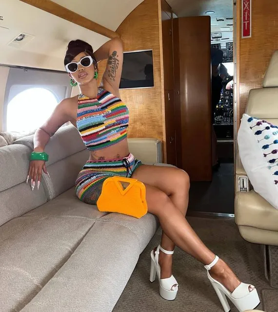 American rapper Belcalis Marlenis Almánzar, known professionally as Cardi B has a mini photo shoot on a private jet in the last decade of May 2022. (Photo by iamcardib/Instagram)