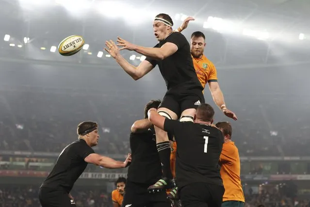New Zealand's Sam Whitelock, top left, wins a line out while playing Australia in their Bledisloe rugby test in Melbourne, Australia, Thursday, September 15, 2022. (Photo by Asanka Brendon Ratnayake/AP Photo)