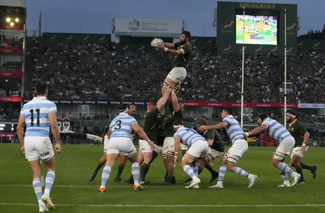 South Africa's Lood de Jager, top, jumps for the ball during a line-out for the Rugby Championship test between South Africa and Argentina at Kings Park Stadium in Durban, South Africa, Saturday, September 24, 2022. (Photo by Themba Hadebe/AP Photo)