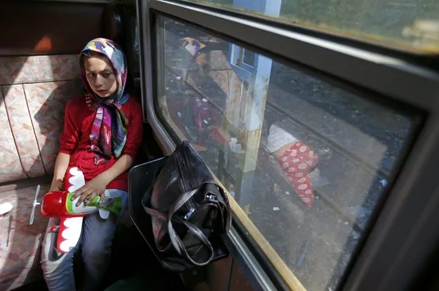 A migrant sits in a train heading towards the Austrian border from Roszke, Hungary September 14, 2015. (Photo by Laszlo Balogh/Reuters)