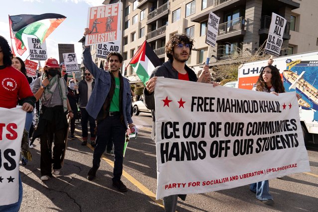 Protesters march against the ICE detention of Palestinian activist and Columbia University graduate student Mahmoud Khalil, during a protest near Arizona State University (ASU) in Phoenix, Arizona on March 15, 2025. (Photo by Rebecca Noble/Reuters)