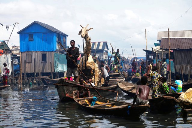 Puppeteers move cardboard animals in canoes at the Makoko Slum in Lagos Nigeria, Saturday, April 19, 2025, as part of “The Herds”, a moving theatre performance that started its journey from the Democratic Republic of the Congo to the Arctic Circle in a bid to bring attention to the climate crisis. (Photo by Sunday Alamba/AP Photo)