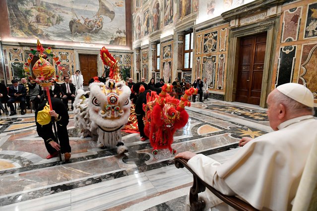 This photo taken and handout on February 2, 2024 by The Vatican Media shows Pope Francis during an audience with a delegation of the Italy-China Federation, in The Vatican. (Photo by Handout/Vatican Media via AFP Photo)