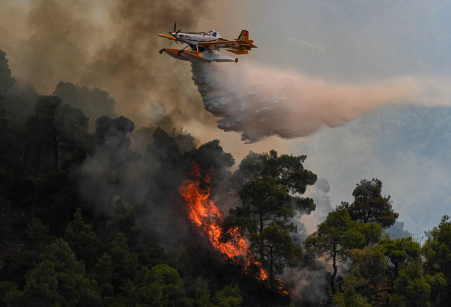Firefighting efforts continue in Manisa, Turkiye where a wildfire that broke out on July 1, 2025. Forest fires in Akhisar, Ahmetli and Kula districts are intervened with 30 aerial vehicles. (Photo by Berkan Cetin/Anadolu via Getty Images)