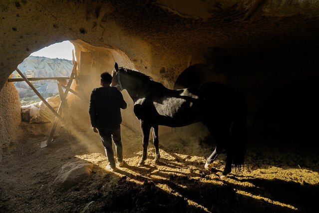 A man is seen with a horse in a cave at Cappadocia, which held a special place for horses throughout history, in Nevsehir, Turkiye on June 29, 2025. Visitors to the region can join guided horseback tours held in the wide valleys, especially during morning and evening hours. Located within the borders of Nevehir, Cappadocia stands out not only for its natural formations but also for its rich cultural heritage. (Photo by Ayten Altintas/Anadolu via Getty Images)