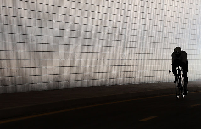 Ghani Souleymane is attempting to complete 100 full-distance T100 triathlons in 100 consecutive days, ending at the Dubai T100 on November 16. Meydan, Dubai on August 6, 2025. (Photo by Chris Whiteoak/The National)