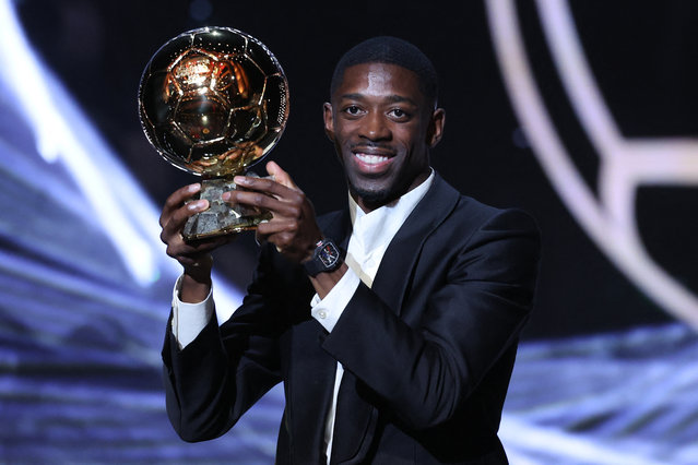Paris Saint-Germain's French forward Ousmane Dembele speaks after receiving the Ballon d'Or award during the 2025 Ballon d'Or France Football award ceremony at the Theatre du Chatelet in Paris on September 22, 2025. (Photo by Franck Fife/AFP Photo)