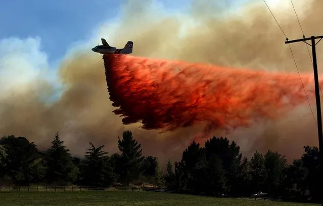 A plane drops fire retardant near a home as firefighters battle a wildfire on Federal Indian Reservation land west of Banning, California, , on May 1, 2013, where the blaze consumed more than 1,500 acres and destroyed several homes. (Photo by Gina Ferazzi/Los Angeles Times/MCT)