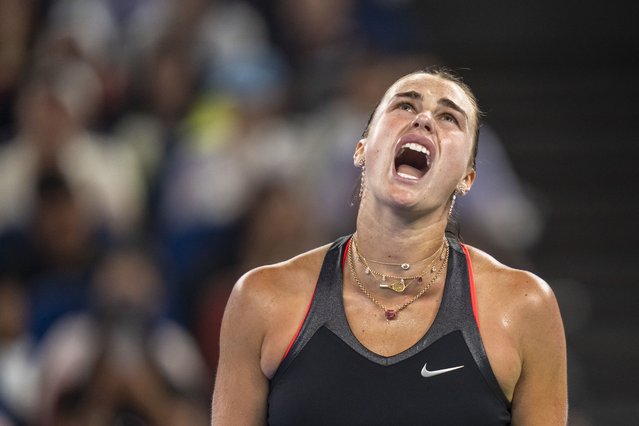 Aryna Sabalenka reacts during the Women's Singles Semifinal match against Jessica Pegula of the United States on day eight of the 2025 Wuhan Open at Optics Valley International Tennis Center on October 11, 2025 in Wuhan, China. (Photo by Eurasia Sport Images/Getty Images)
