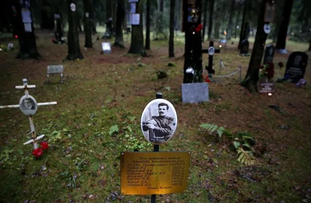 A view to the photo of Soviet people who were killed and buried in 1937-1938 in the woods in Levashovo, outside of St. Petersburg, Russia, 30 October 2016. The ritual is part of a commemoration of victims of the Soviet GULAG repression camps under Stalin's “Great Terror” regime. (Photo by Anatoly Maltsev/EPA)
