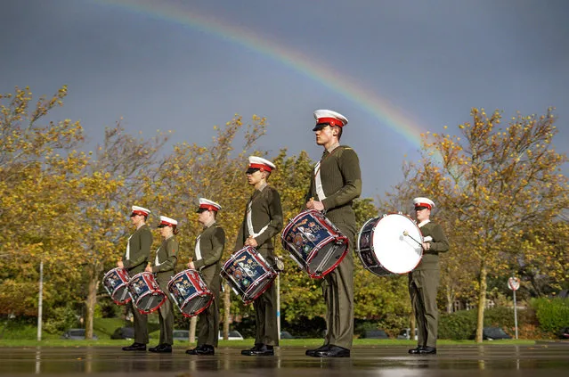 The Royal Navy’s Ceremonial Guard conduct a full dress rehearsal on Whale Island, Portsmouth, for Remembrance Day parades in London on November 8, 2022. (Photo by Louis Stacey/Solent News)